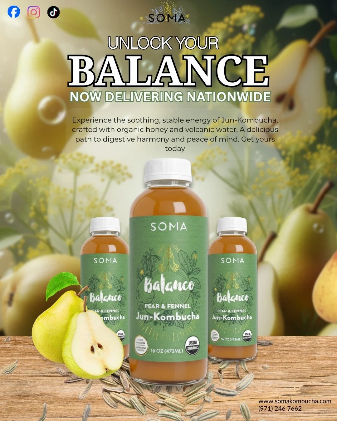 ✨ Unlock Your Inner Harmony, Anywhere! ✨

Meet SOMA BALANCE Pear &amp; Fennel Jun-Kombucha &ndash; your delicious daily ritual for steady energy and a peaceful mind. 🍐🌿 Savor the soothing blend of sweet pear and delicate fennel, perfectly brewed wi