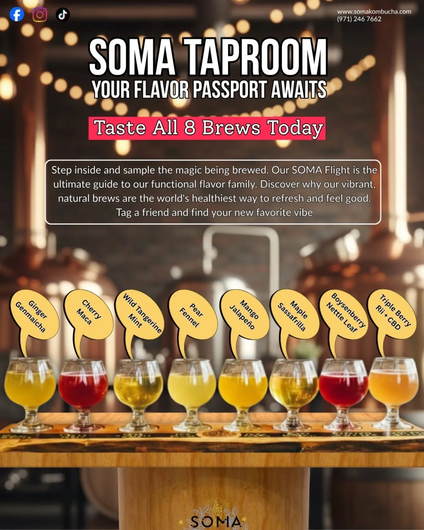 Forget everything you know about kombucha.

We don't just brew drinks; we craft adventures.

The SOMA Flight is where complexity meets powerful wellness. Mango Jalape&ntilde;o? Pear Fennel? Yes, these are your new favorite sips. This is your chance t