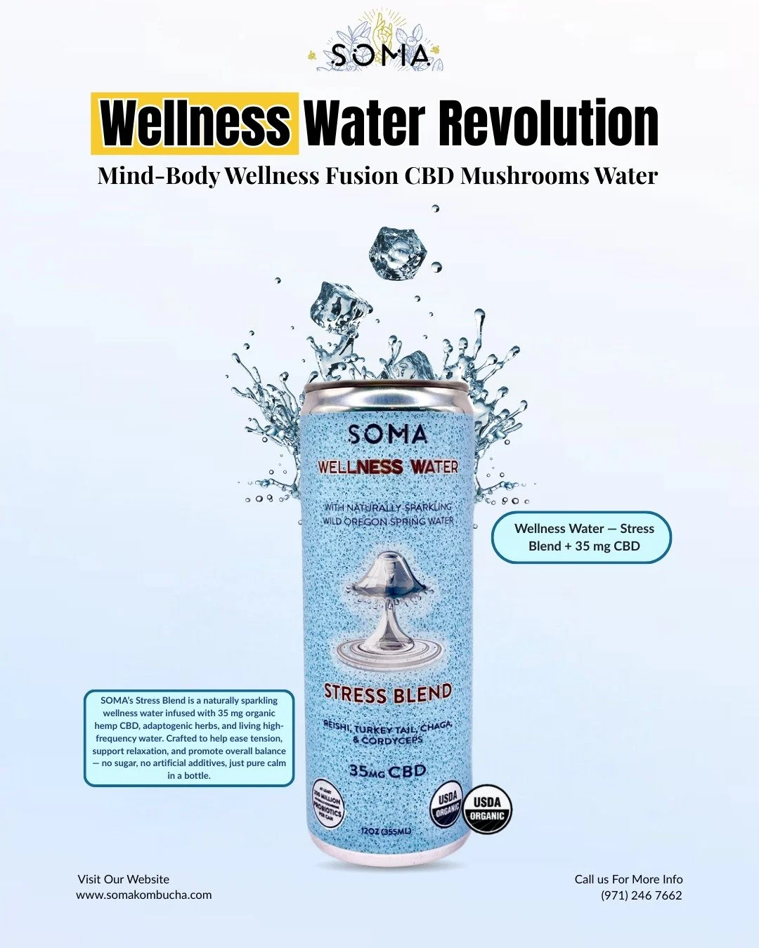 Elevate your flow. SOMA Wellness Water is the mindful blend of CBD, mushrooms, and hydration your body craves. Wellness just got easier.

#SOMAWaters #wellnesswater #cbdhealth #water #wellness #Mushroom #MindBody #Health #Hydration #Seattle #CapitolH