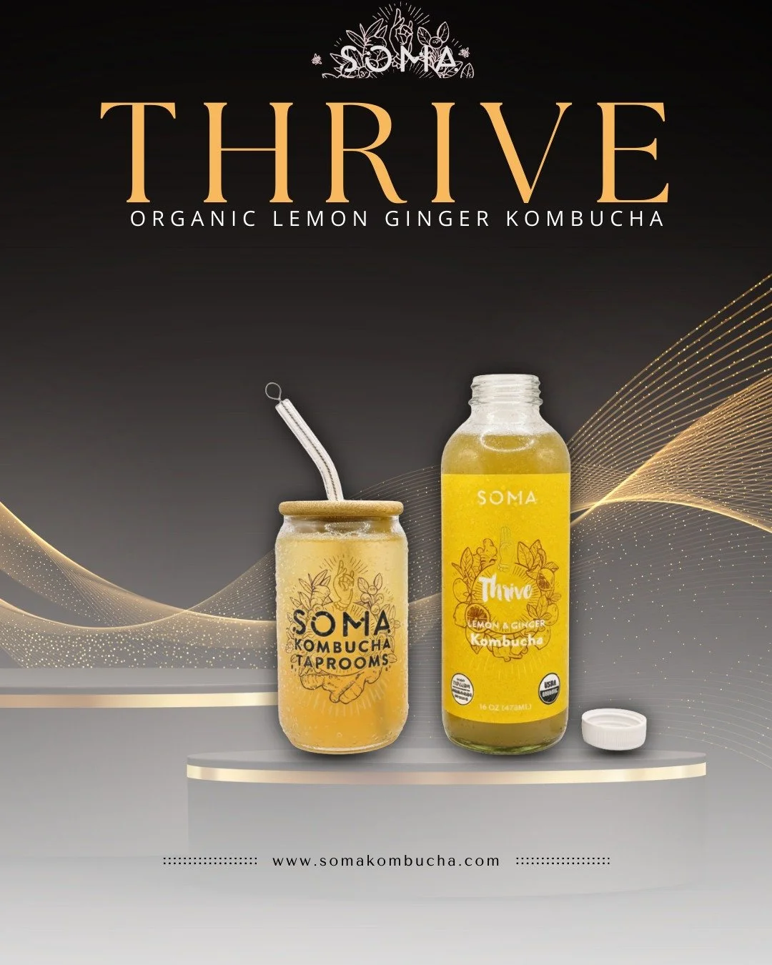 Imagine sunshine, a gentle zing, and pure, living refreshment. That's SOMA THRIVE Organic Lemon Ginger Kombucha. Handcrafted with volcanic glacier water and vibrant organic ingredients to awaken your senses and nourish your soul. Sip the brilliance.
