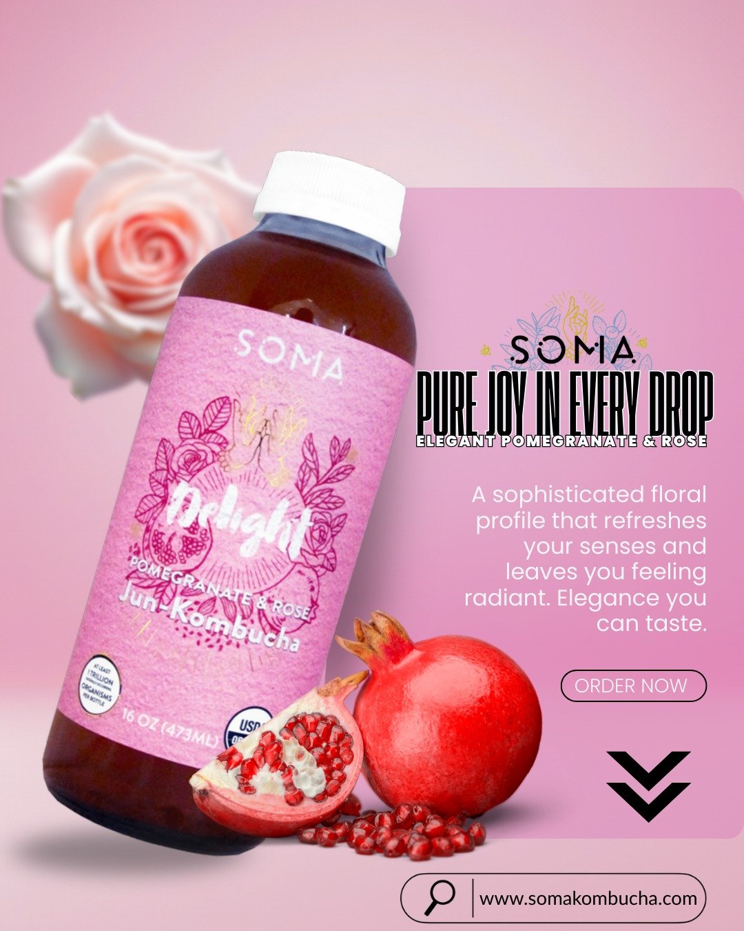 Treat yourself to a moment of luxury🌹🍷 The delicate aroma of rose petals meets the tart sweetness of pomegranate in our Delight blend.

#SomaDelight #RoseKombucha #FloralSips #SelfCareDaily #RadiantHealth#CraftKombucha #HealthyDrinks #WellnessJourn