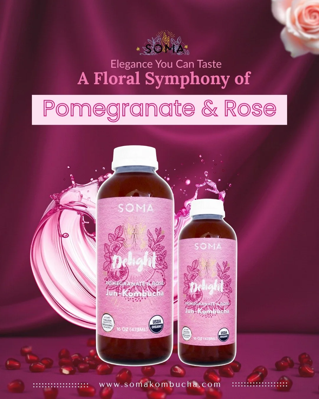 Indulge in the delicate. 🌹🍷 Delight offers a sophisticated flavor profile that turns every sip into a celebration of self-care.

#SomaDelight #PomegranateRose #FloralWellness #LuxurySips #RadiantLiving
