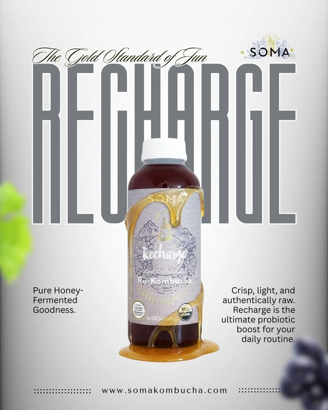 Sometimes, simplicity is the ultimate sophistication. 🍯✨ Experience the authentic taste of Jun-Kombucha with our Recharge blend.

 #SomaRecharge #JunKombucha #RawWellness #HoneyFermented #PureTaste