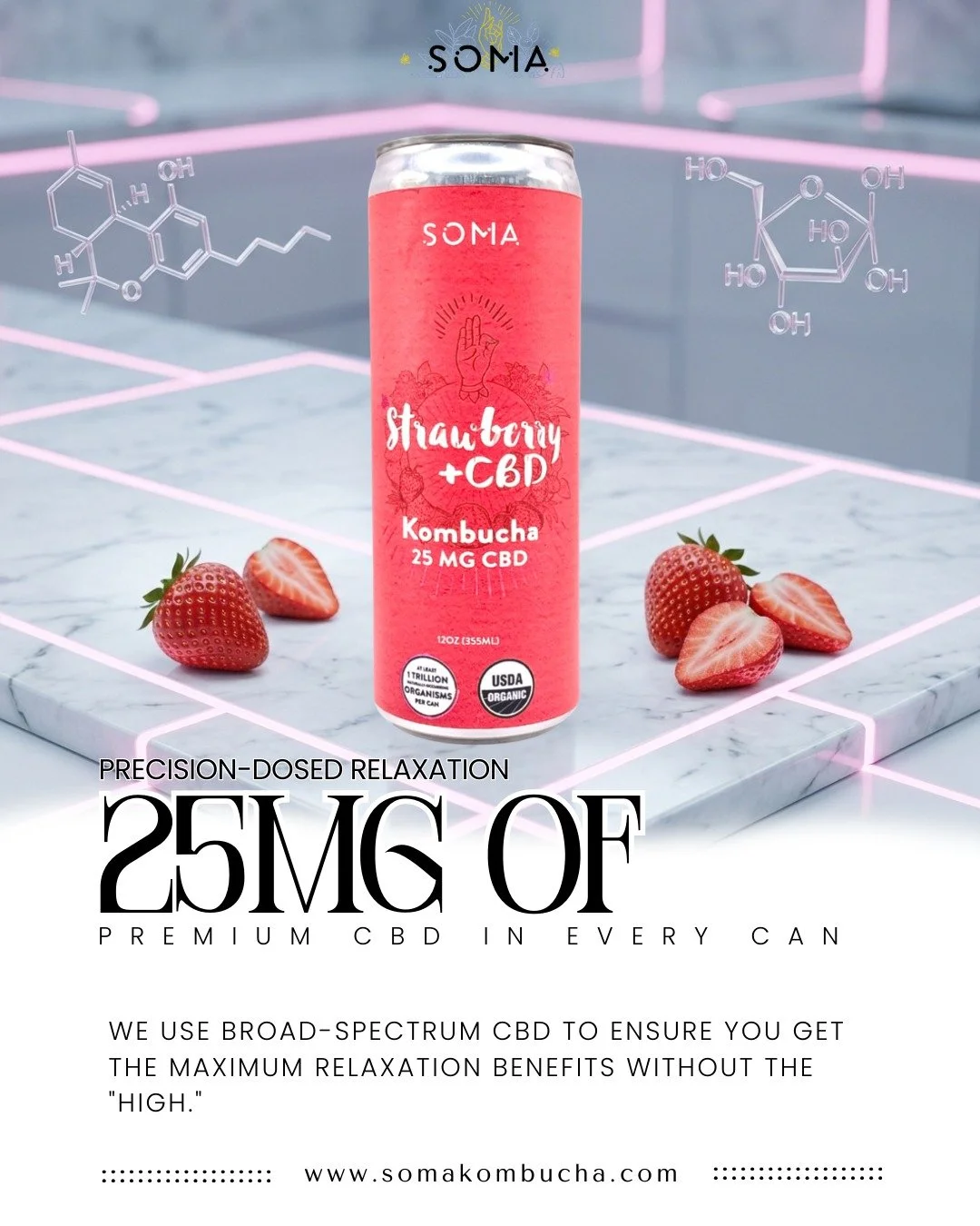 Science meets refreshment. 🍓🔬 Each can of Soma CBD is meticulously dosed to help you find your "chill" zone instantly.

 #CBDWellness #SomaScience #RelaxationDrink #BroadSpectrum #StressRelief
