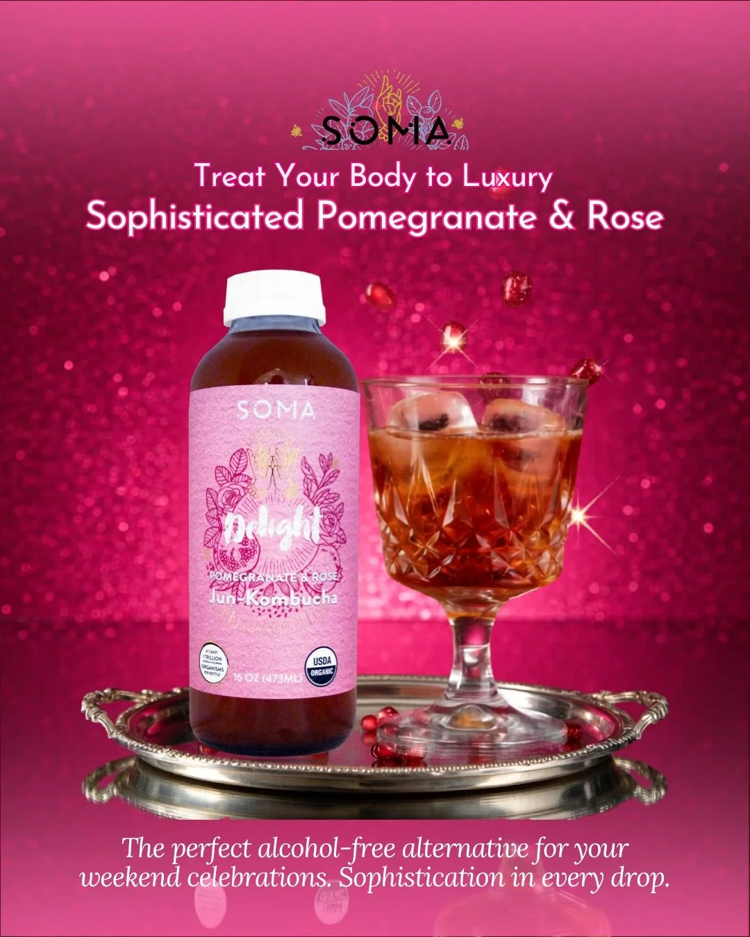 Make your weekend a little more delightful. 🌹🍷 Order our signature Pomegranate &amp; Rose blend for a treat your gut will love as much as you do.

#SomaDelight #MocktailLife #LuxuryWellness #PomegranateRose #WeekendVibes