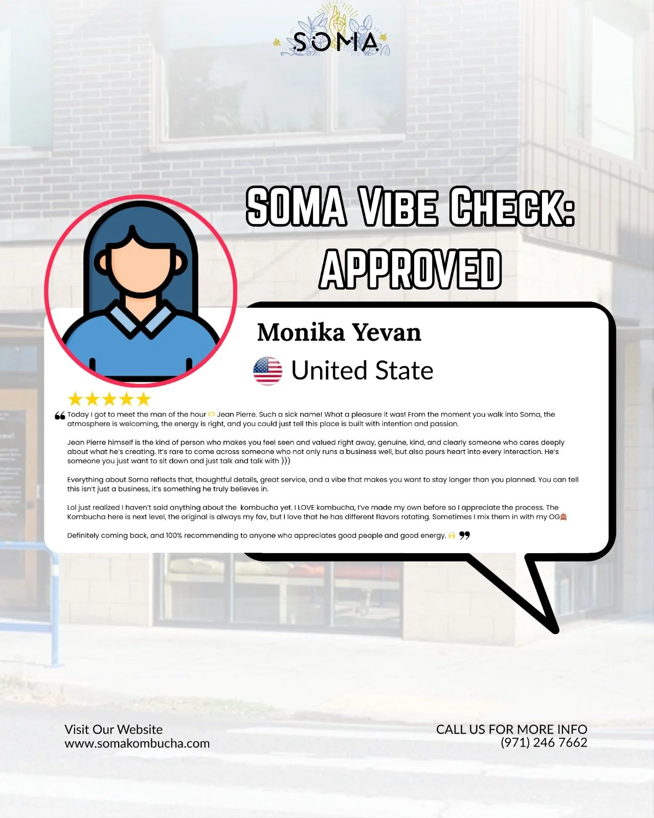 Thank you, Monika Yevan for this beautiful review! We're so happy you felt right at home. Good people, good vibes, and great kombucha &mdash; That's the Soma way. Come experience it for yourself!

#happycustomers #greatservice #customerlove #teamwork