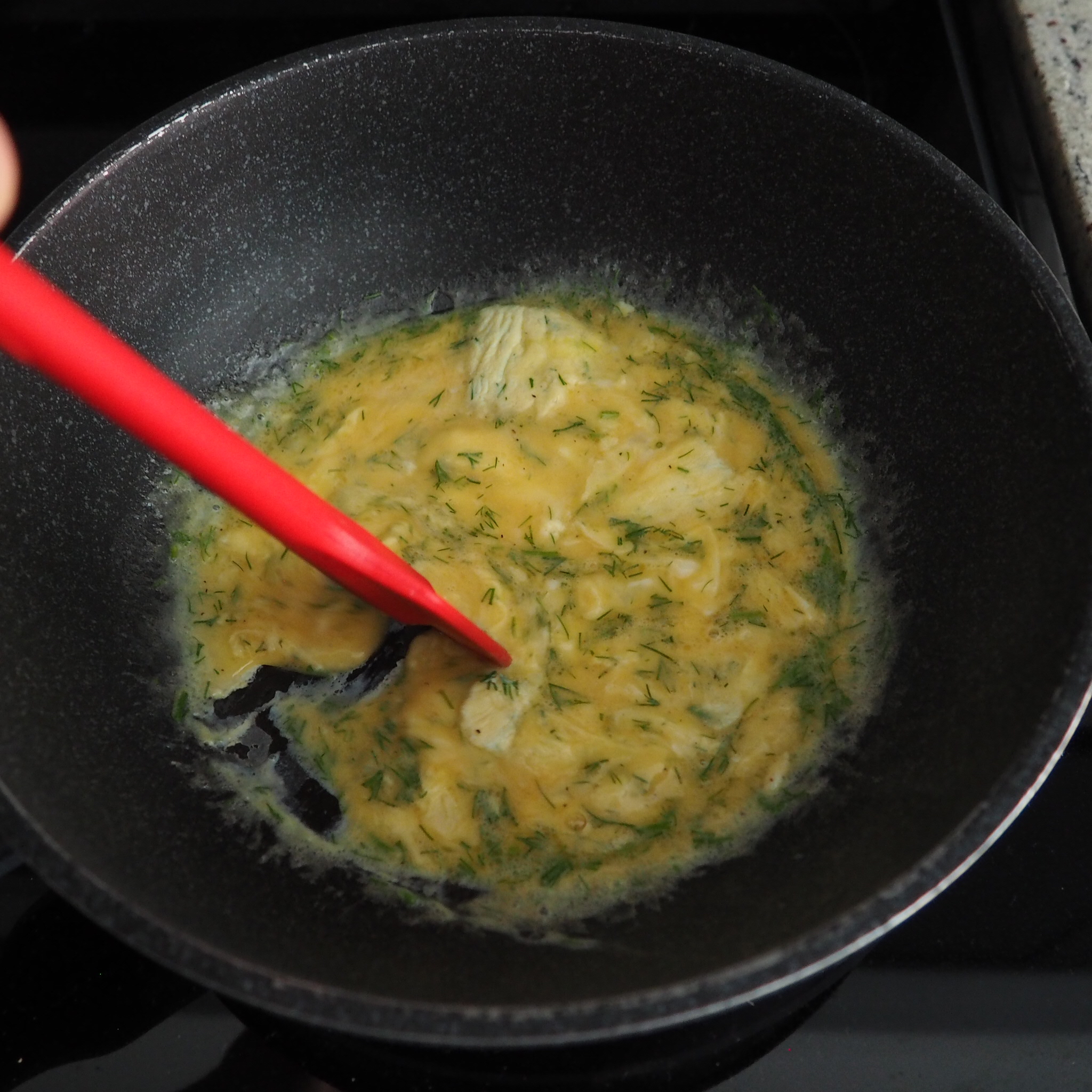  Step 4: Using a spatula, move it slowly through your eggs until they reach some form.  