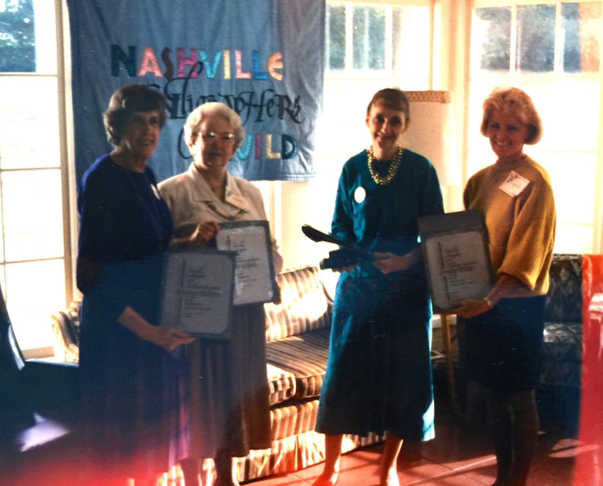 Tenth Anniversary of the Nashville Calligraphers Guild. Charter members Betty Gilpin, Donna Robert, Sandy White, and Nancy Rice were honored with exquisite certificates designed and lettered by Barb Bartels and mounted on hand-marbled paper made by Betty Wagner.