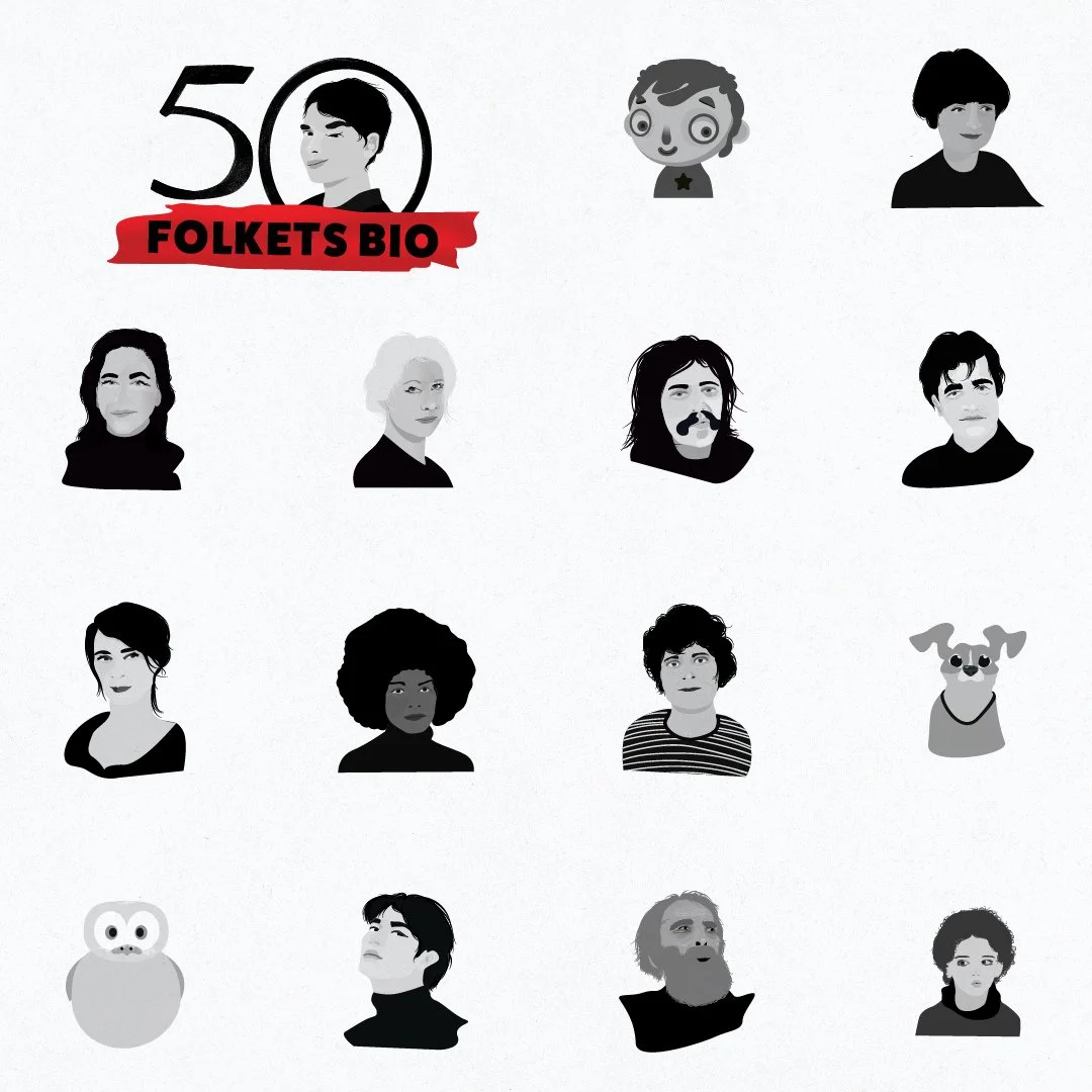  Inför att Folkets bio fyllde 50 år, 2023, ville de ha hjälp av mig med en animerad vinjett. Här syns de illustrationer jag gjorde till den animerade vinjetten. Grundlogotypen har Folkets bio själva tagit fram, och jag har hjälpt de med ett nytt typs