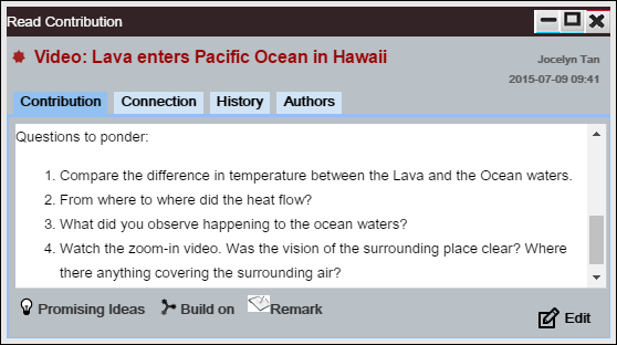 Fig 2. Example of the guiding questions Jocelyn posed for one of the videos.