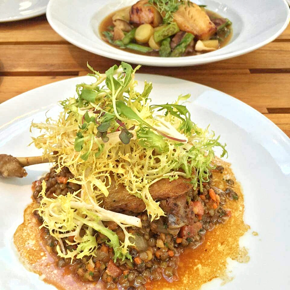 Duck Confit - braised lentils, double smoked bacon, soy - truffle vinaigrette, baby frisee salad. Cost - $26
