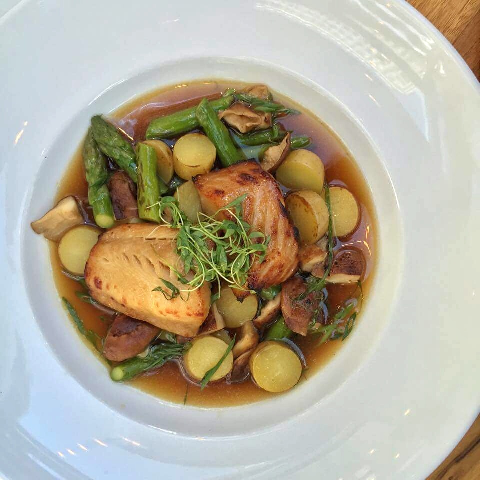 Sablefish - shiitake mushrooms, asparagus, peking duck broth, fingerling potatoes. Cost - $34.