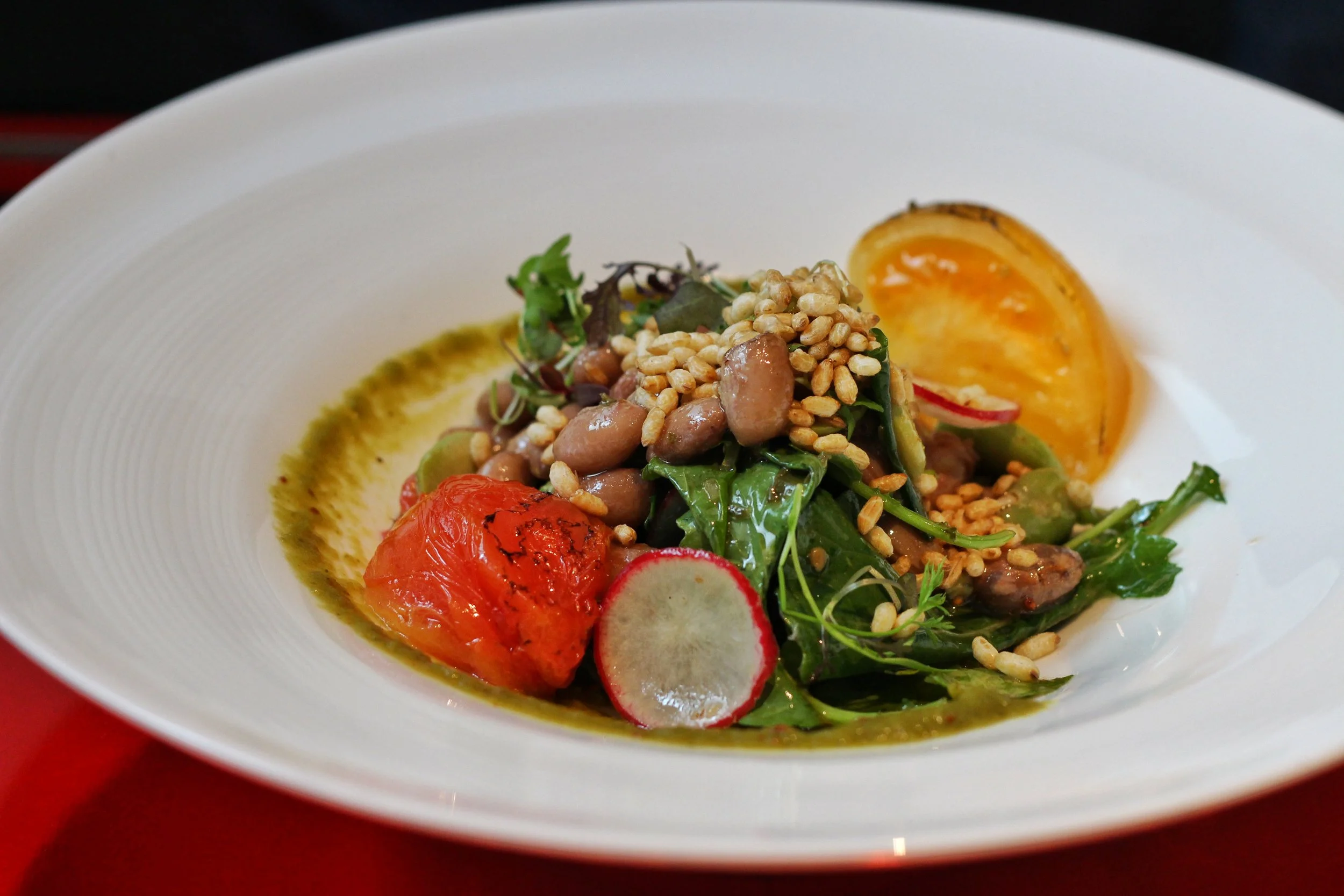Bean Salad - fava bean, cranberry bean, grilled poblano pepper, dinosaur kale, heirloom tomato, puffed wild rice, roasted tomato vinaigrette