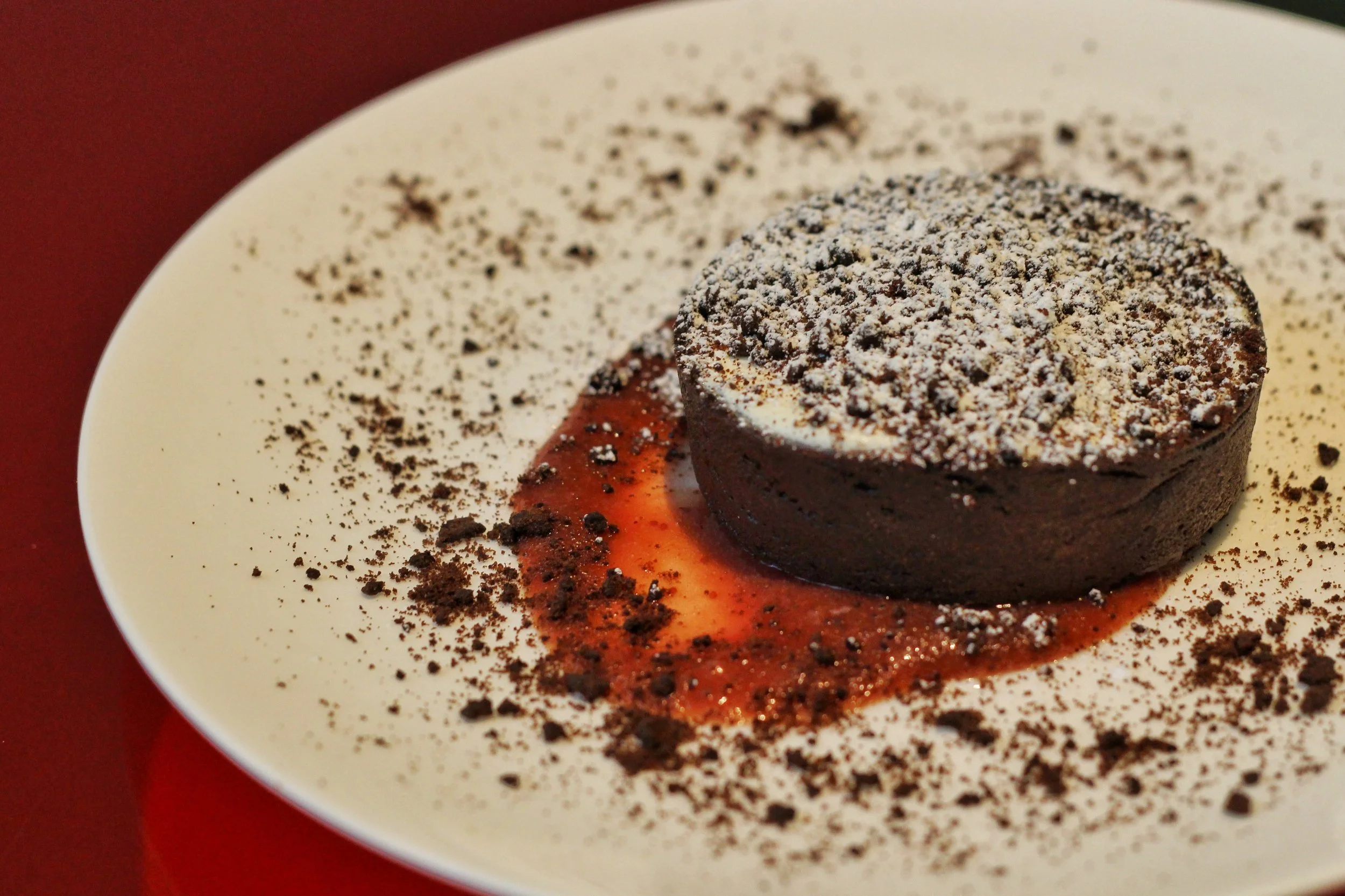 Chocolate Rhubarb Tart - bourbon white chocolate mousse, sea salt praline nougatine, rhubarb gastrique