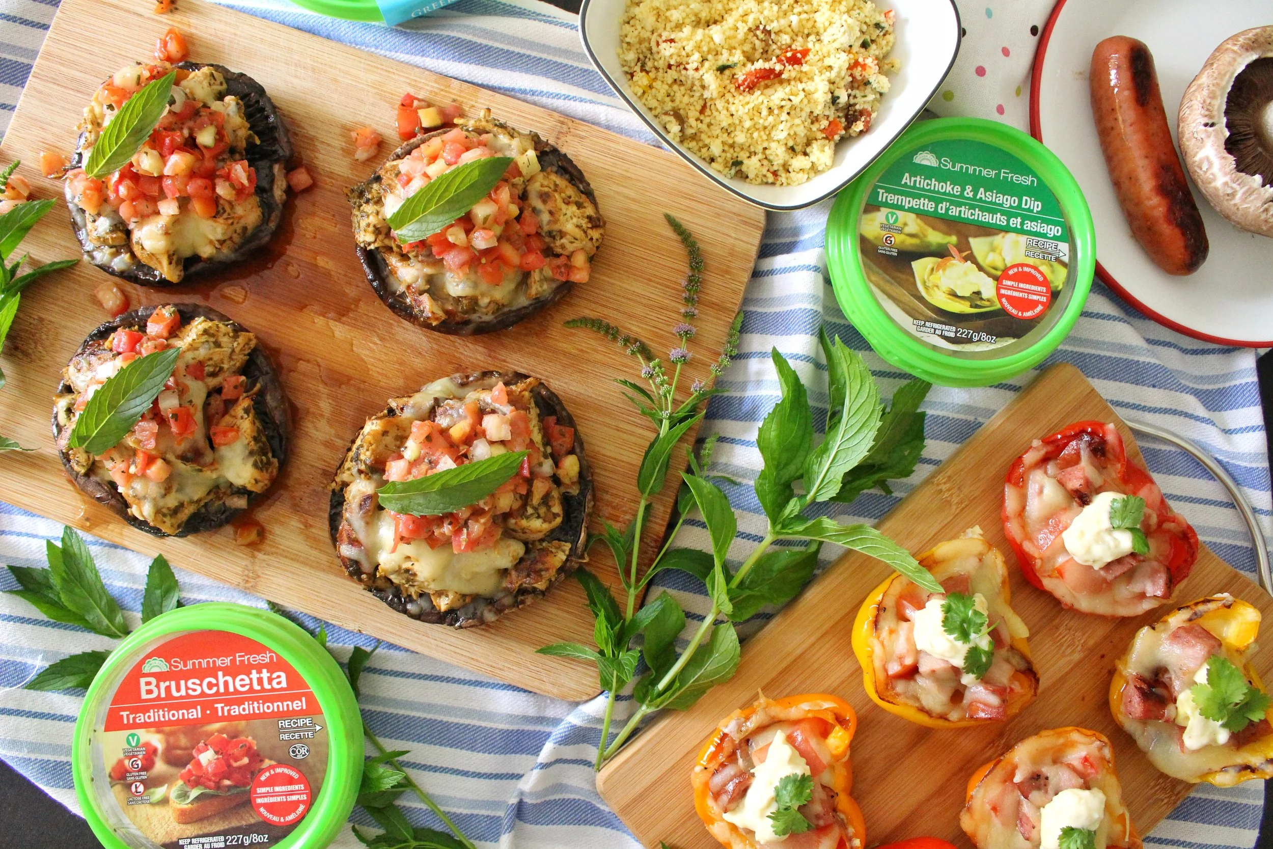 Summer Fresh Perfect Pairings - Grilled Portobello with Pesto Chicken Topped with Bruschetta & Italian Sausage Stuffed Peppers Topped with an Artichoke Dip