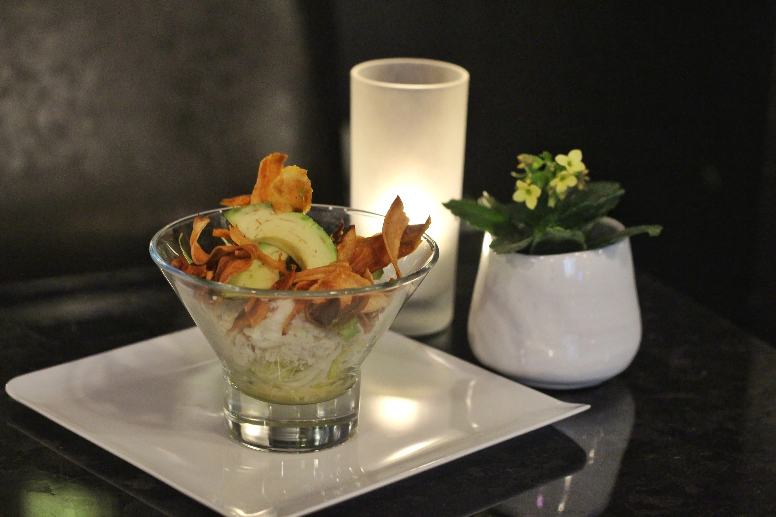 Crab & Avocado Parfait - frisee, celery root, pickled ginger remoulade, lime, salsify crisps