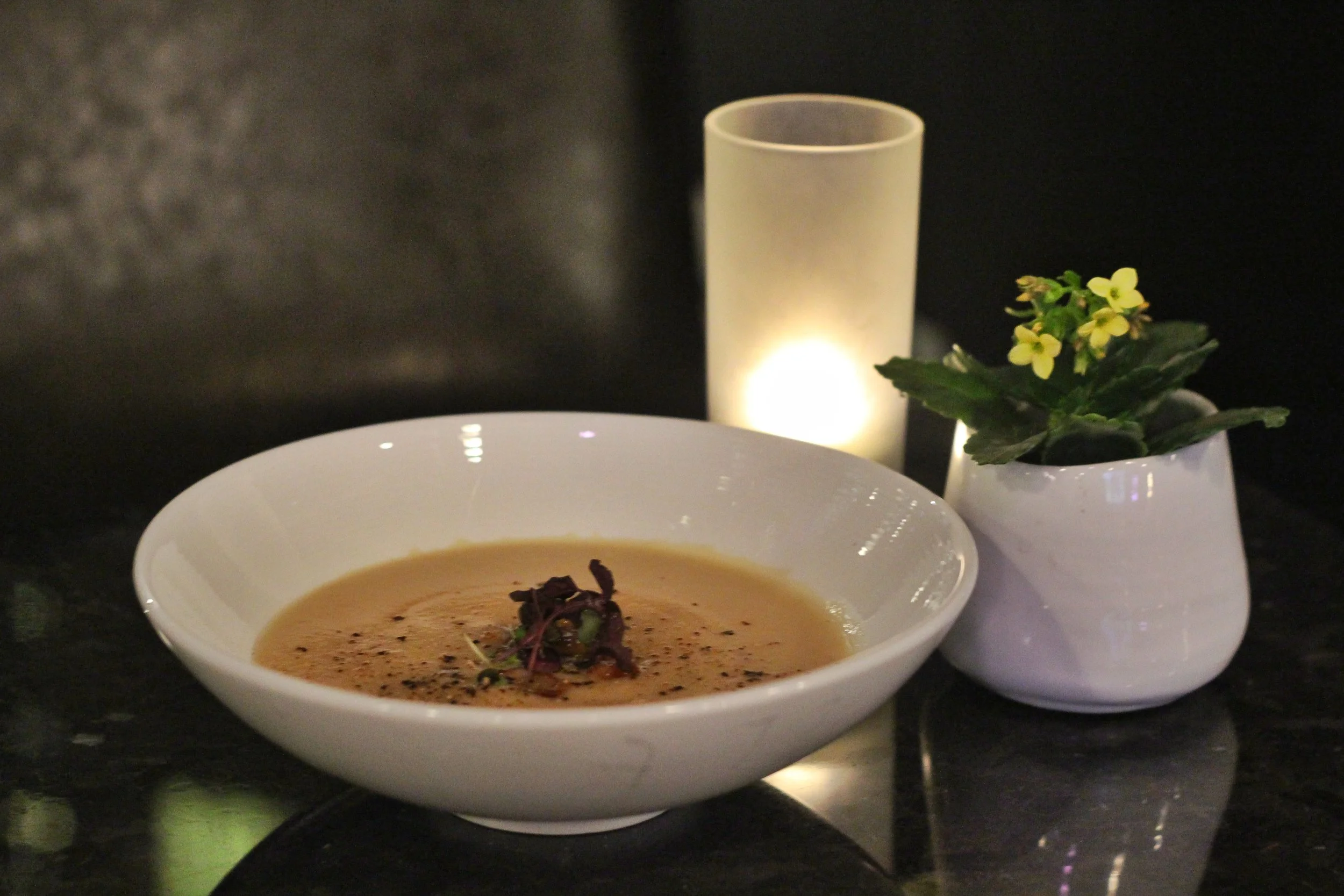 Maple Roasted Parsnip & Cauliflower Soup - horseradish cheddar, double smoked bacon