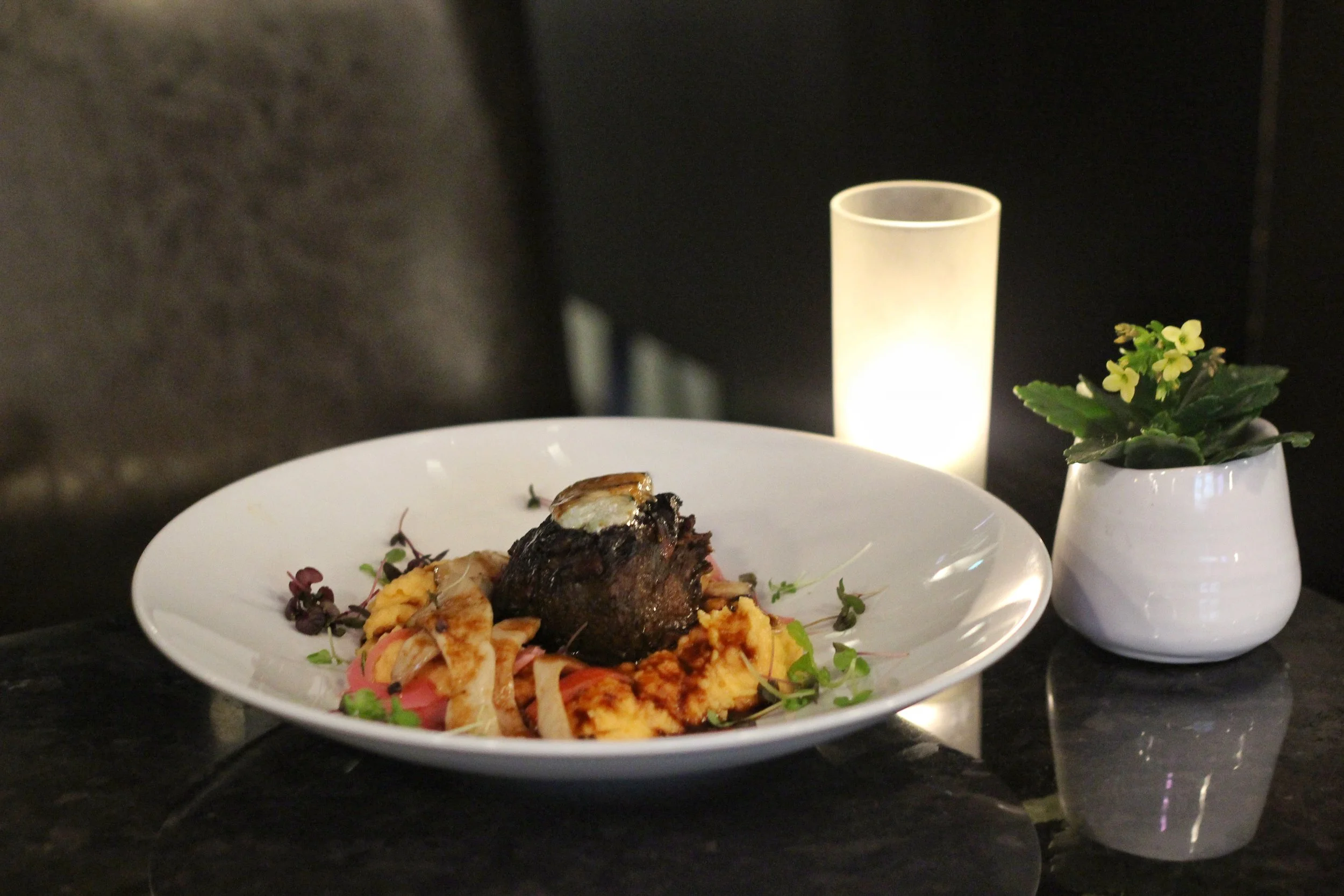Cocoa Nib Braised Beef Short Rib - rutabaga mash, king oyster mushrooms, pickled shallots, devil's rock blue cheese