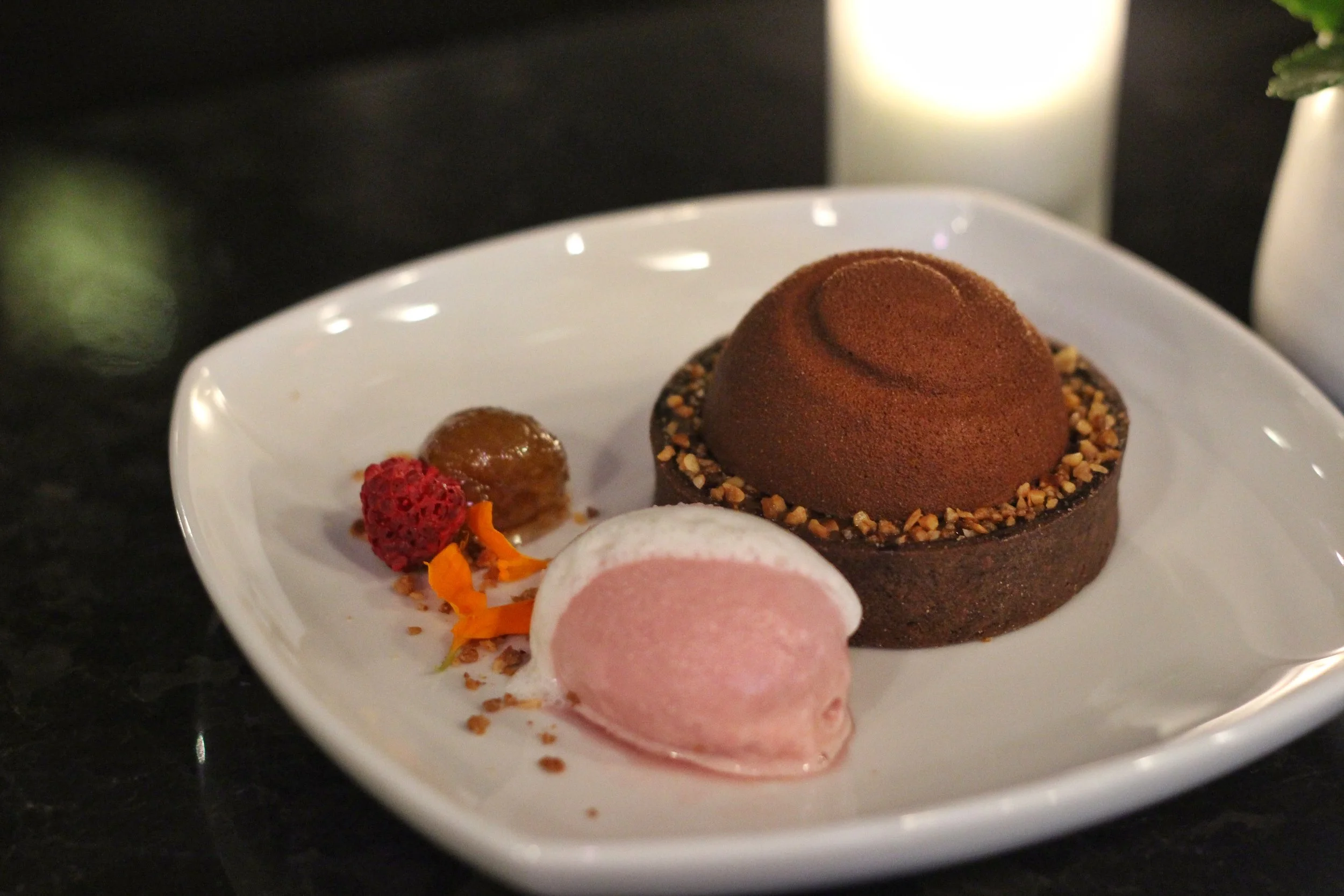 Chestnut & Hazelnut Tart - milk chocolate praline, concord grape sorbet, goat cheese foam