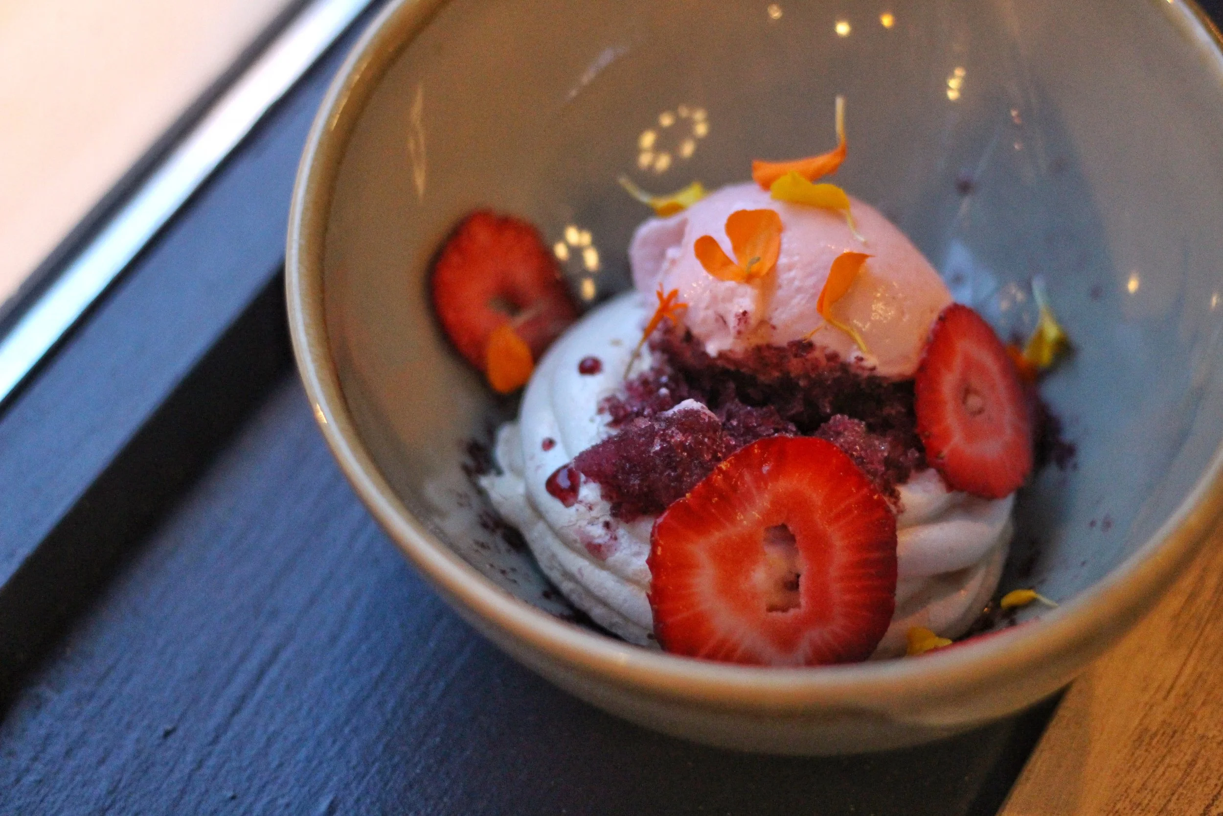 Berries & Cream – pavlova, vanilla custard, lavender blueberry granite, strawberry mousse, seasonal berries