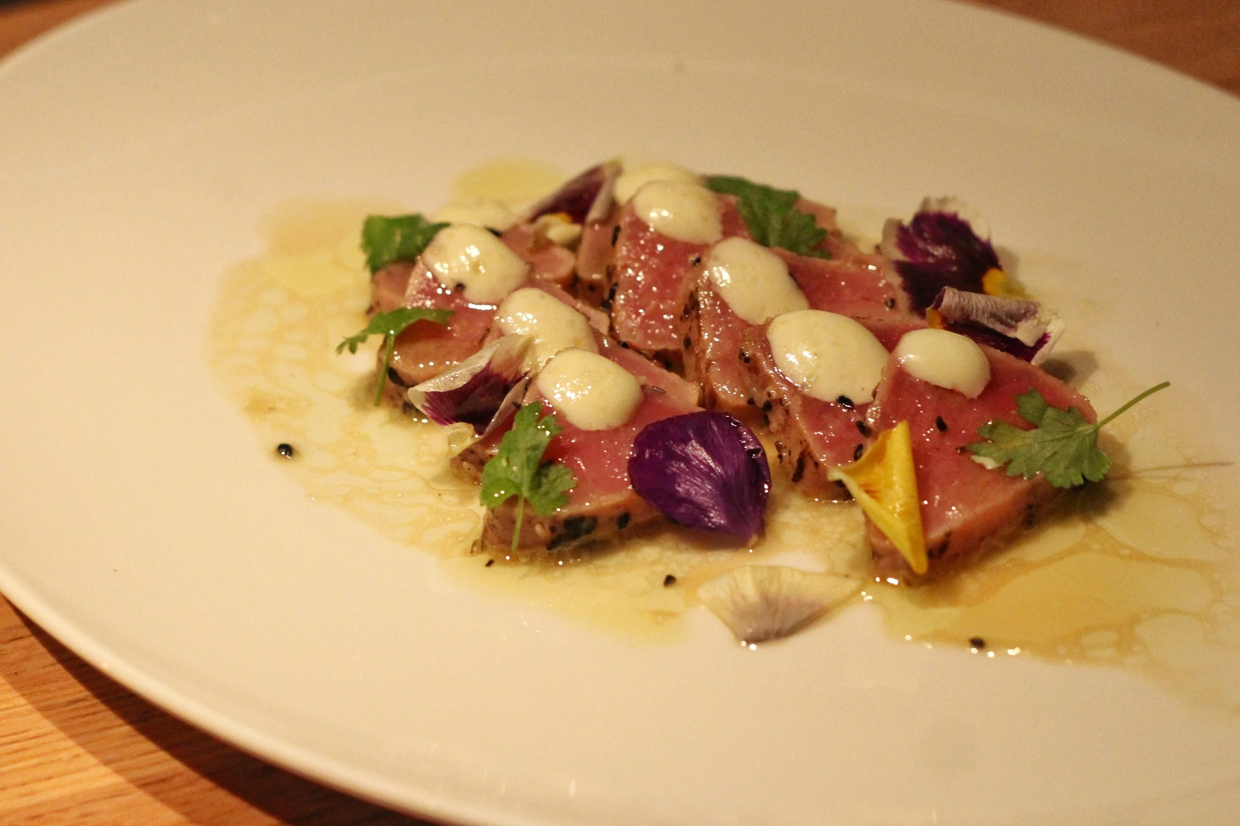 Seared Ahi Tuna Sashimi - wasabi aioli, cilantro, yuzu soy vinaigrette