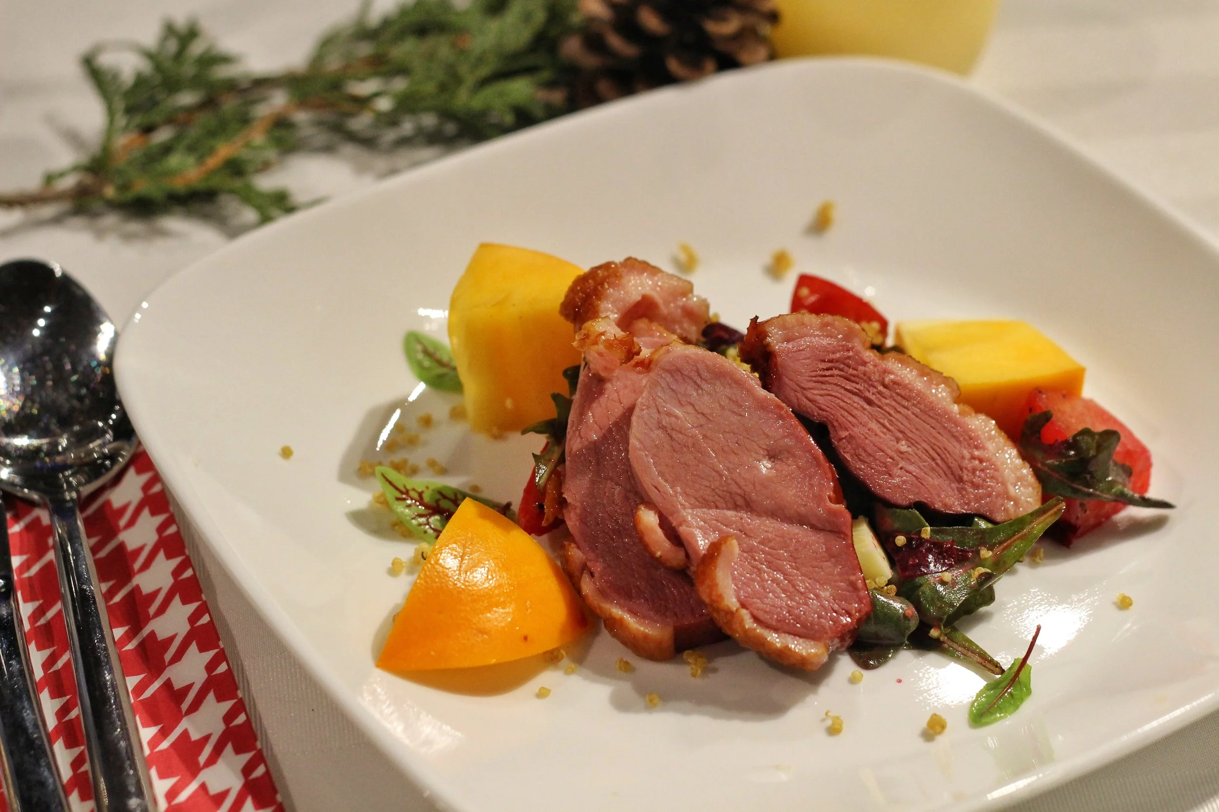 King Cole Farms House Smoked Duck Breast Salad - Baby Beets, Persimmon, Blue Cheese, Arugula, Quinoa & Lemon Parmesan Dressing