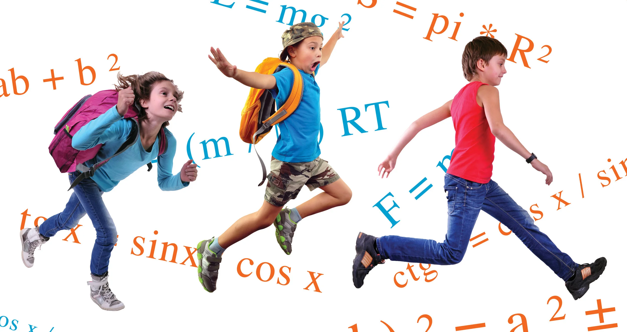 group of happy school children or travelers running together