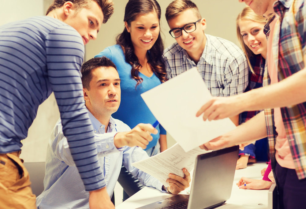 education, high school, technology and people concept - group of