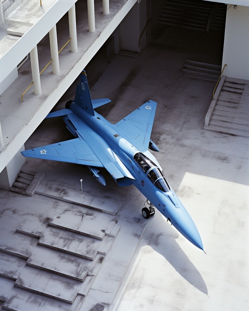 aether8lab_a_blue_jet_sitting_on_the_steps_of_a_building_in_the_16276d5c-2894-44d4-956d-fe260c1588a3.jpeg