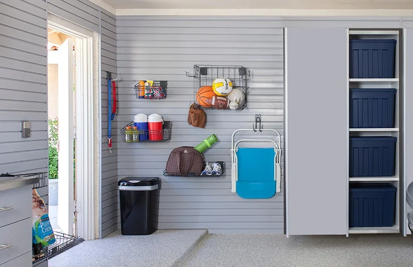 Slate Wall creates a perfect staging ground for garage hooks, racks, baskets, and organizers.