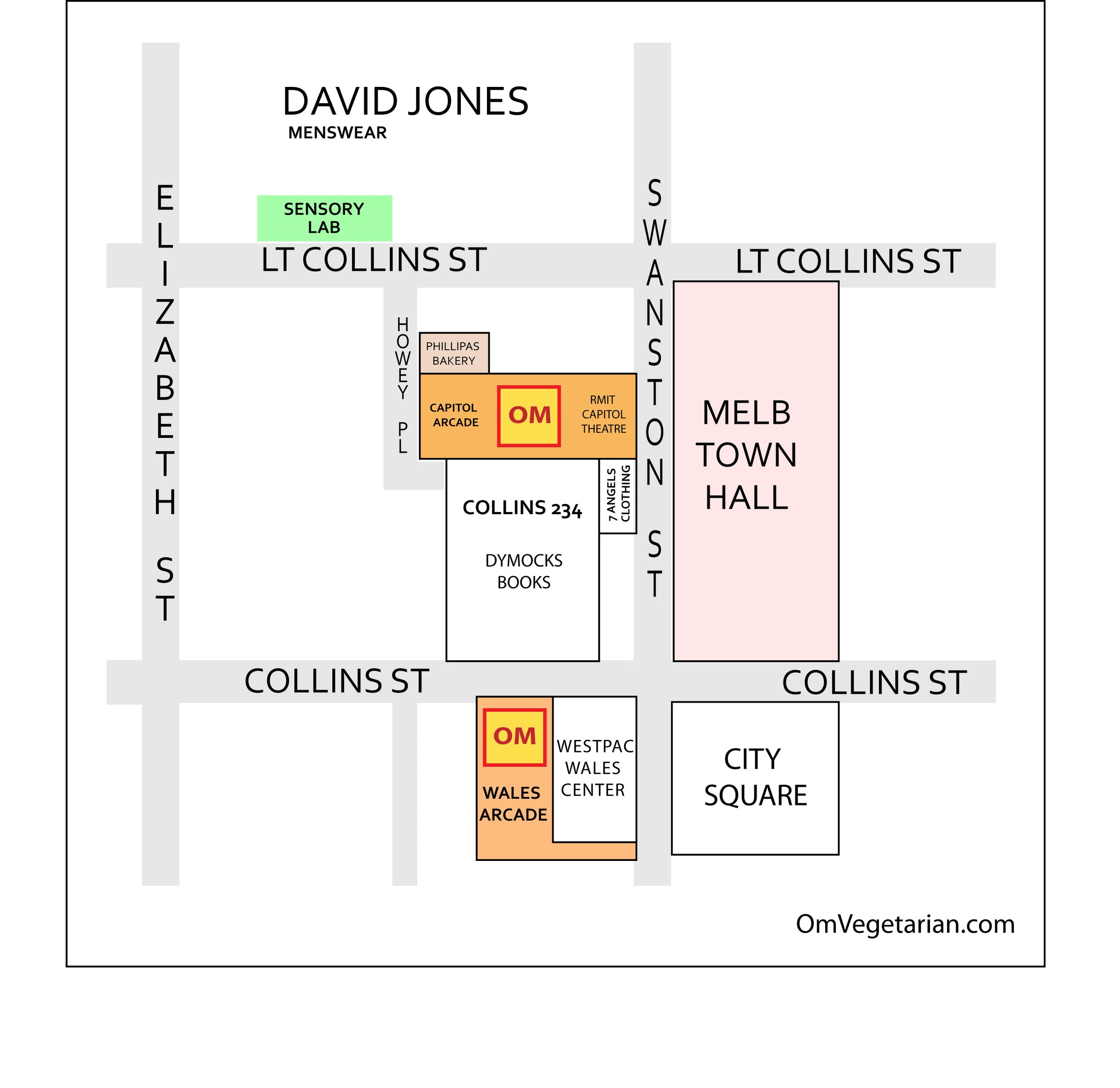 Om Vegetarian in Wales Arcade and Capitol Arcade
