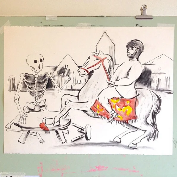 " Visiting Death, spilling his drink"