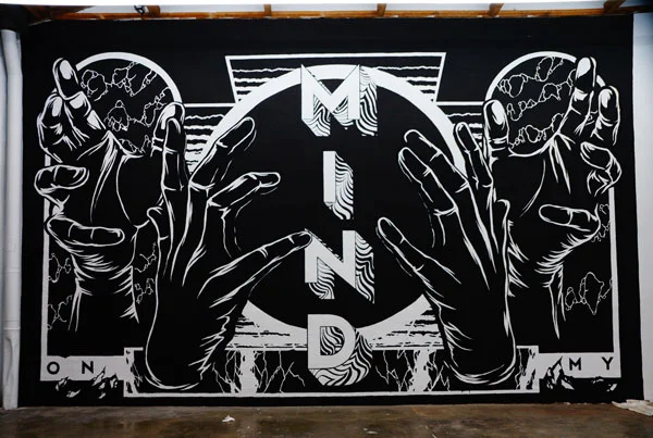 Mural in the workshop by Georgia Hill and James Jirat Patradoon . June 2016. Photo by Phil Salmon .