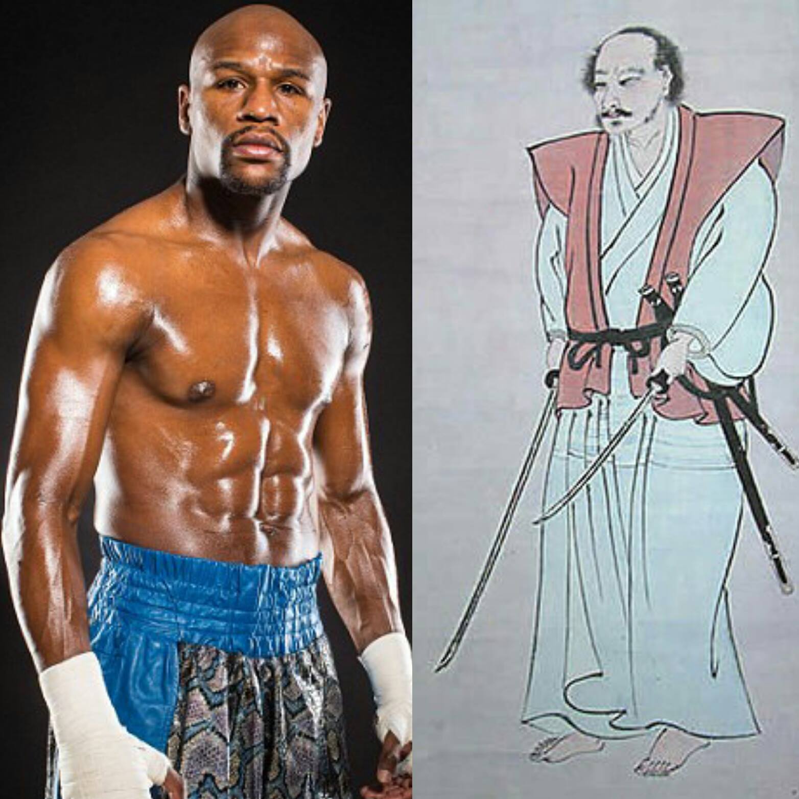 (All credit to Daily Mail for Floyd Mayweather picture and historyoffighting.com for the Musashi picture.) Floyd may have had faster hands and nicer shorts, but in terms of accomplishments, 49-0 in boxing isn't even on the same planet as being 60-0 in fucking sword fights.