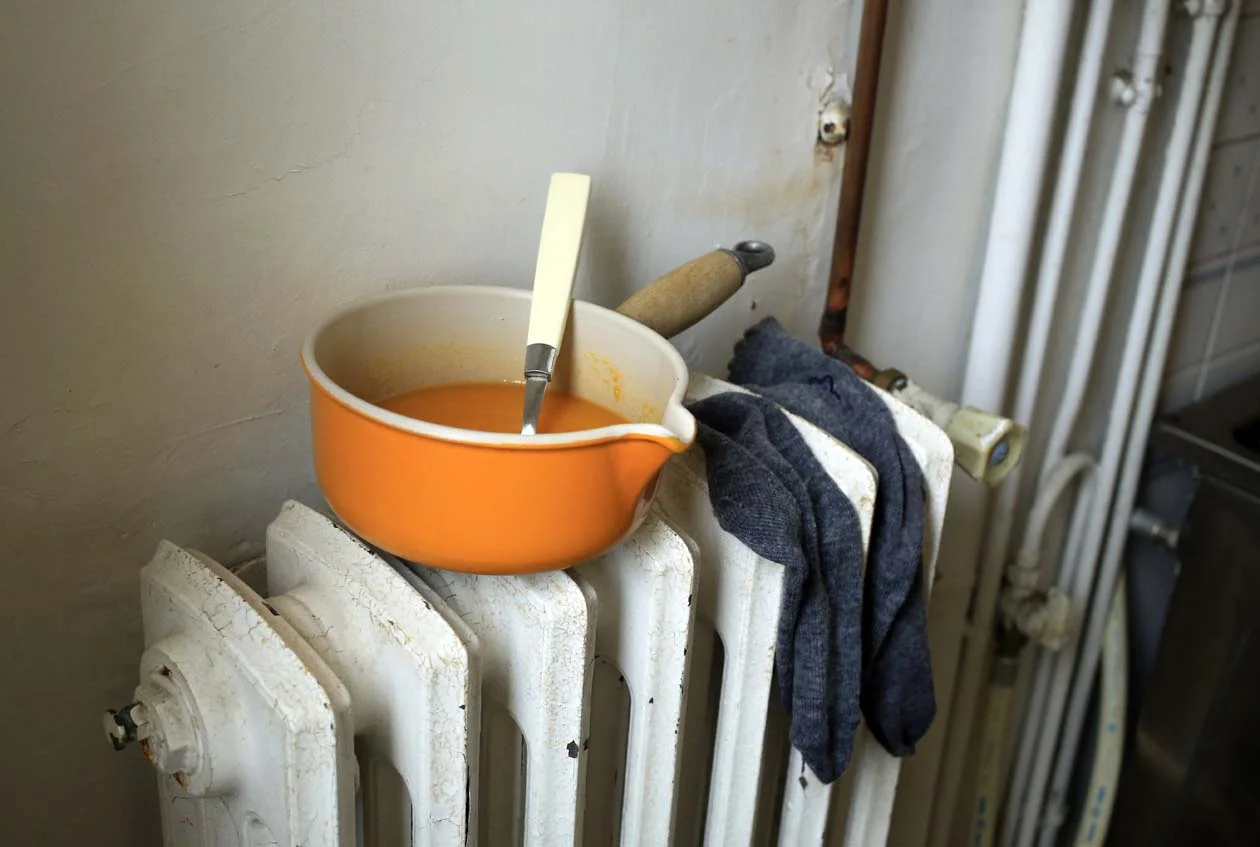 Living in fuel poverty - soup and socks on radiator.