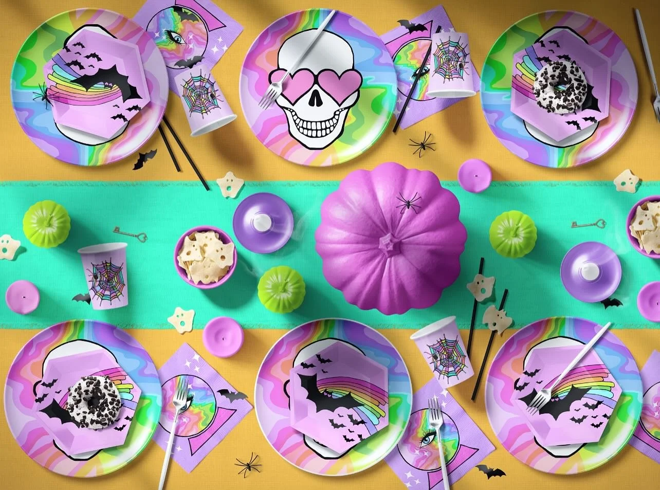 Pastel Pumpkins &amp; Rainbow Spooks 👻🎃✨
Halloween, but make it happy! 💖💜💚 Bright skulls, bats, and rainbows come together for a table that&rsquo;s part spooky, part sweet&hellip;&hellip;.and totally my kind of colorful magic. 🌈🕷️

#PastelHall