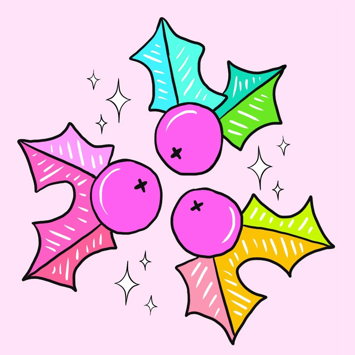 Your annual reminder that Christmas doesn&rsquo;t have to be red + green. 😉🌈 ✨ Holly berry leaves dipped in joy, glitter, and rainbow wishes. ✨💖

#RainbowChristmas
#ColorfulChristmas
#HollyJolly
#HolidaySparkle
#WhimsicalArt
#SurfacePatternDesign
