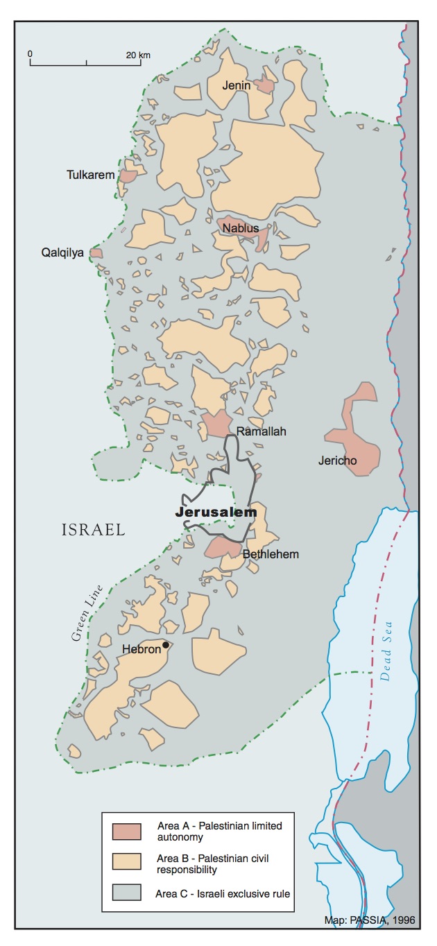 Verdeling ABC-gebieden Bron: Palestinian Academic Society for the Study of International Affairs