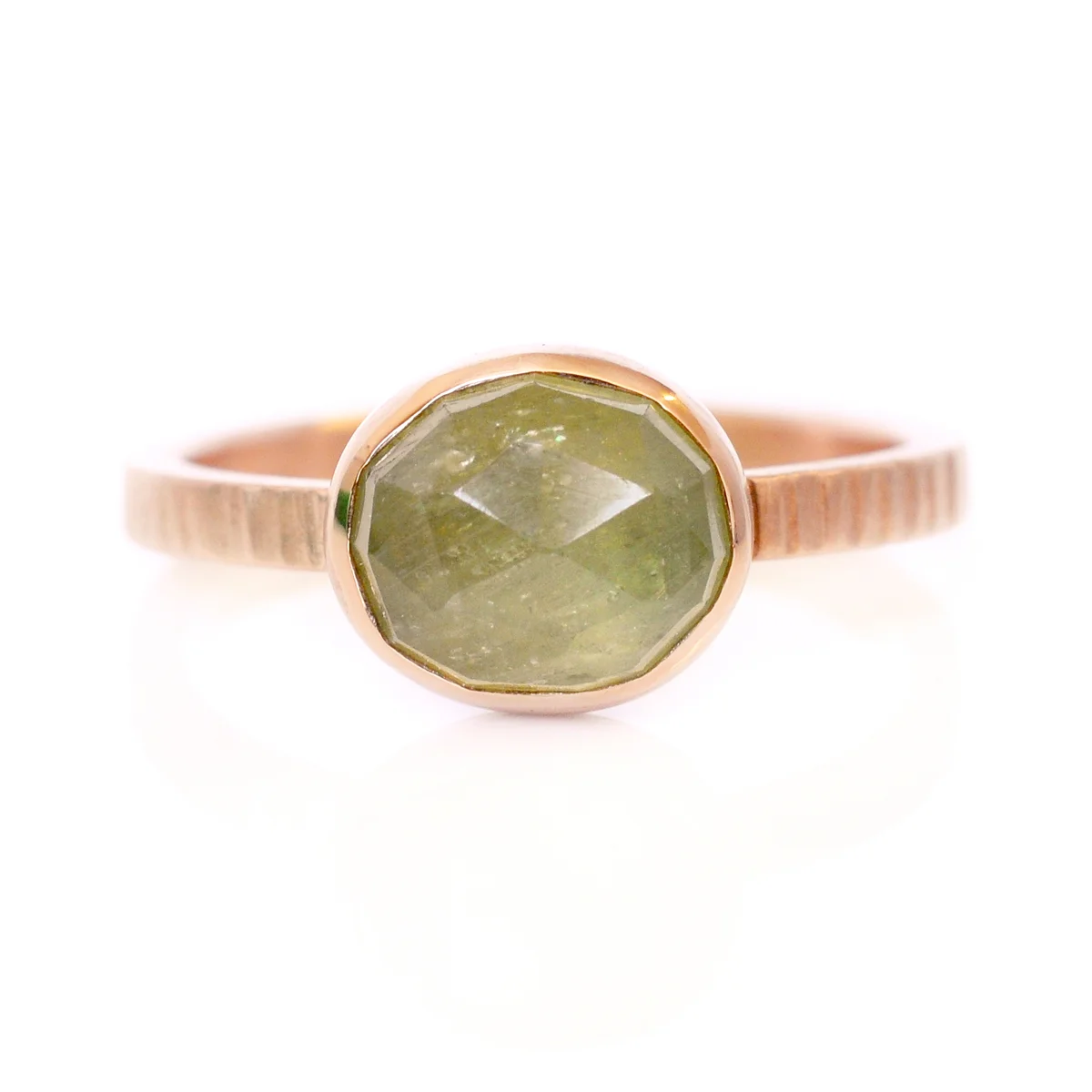 oval green rosecut sapphire 14k red rose pink gold textured band cocktail ring recycled metal conflict free stones handmade minneapolis alternative bridal minnesota jeweler ethical metalsmith