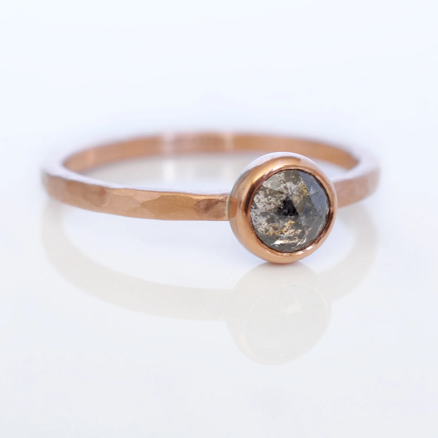 salt and pepper rosecut diamond in 14k red rose pink gold bezel on hammered band recycled metals conflict free stones Minneapolis handmade custom rings alternative bridal