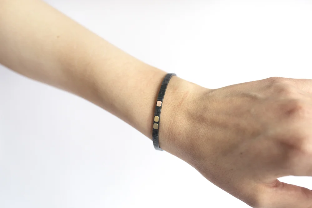 14k red gold, EC Design Handmade cuff bracelet, sterling silver, 14k green gold, 18k yellow gold mixed metal, recycled, ethical metalsmith, hammered, stackable, minneapolis custom jewelry