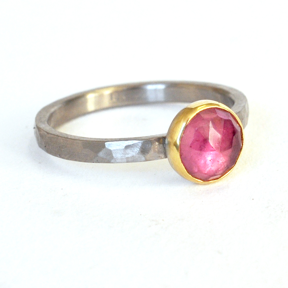 pink rosecut sapphire in mixed metals, 18k yellow gold bezel, hammered 500 palladium band, recycled metals conflict free stones Minneapolis handmade custom rings alternative bridal