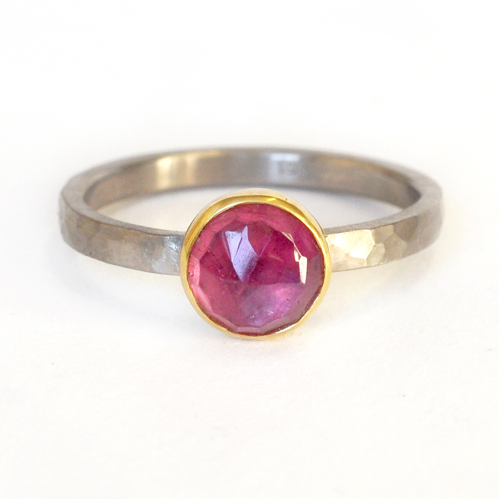 pink round rosecut sapphire in mixed metals, 18k yellow gold bezel, hammered 500 palladium band, recycled metals conflict free stones Minneapolis handmade custom rings alternative bridal