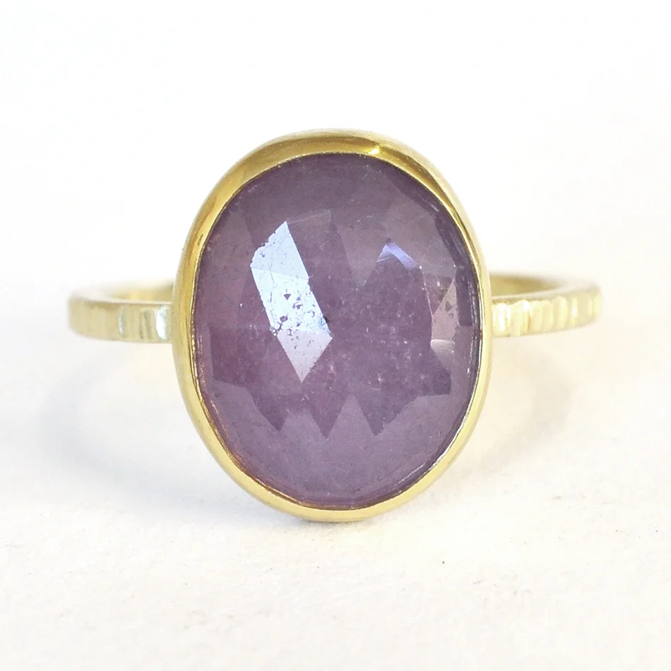 lavendar oval rosecut sapphire in 14k green gold with linear hammered band, recycled metals conflict free stones Minneapolis handmade custom rings alternative bridal minnesota jeweler