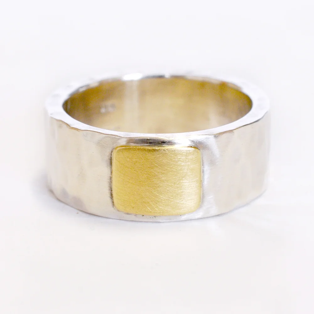 mens womens unisex modern minimal mixed metal, wide textured sterling silver 18ky gold accent custom jewelry handmade Minneapolis jeweler recycled metal custom rings alternative wedding