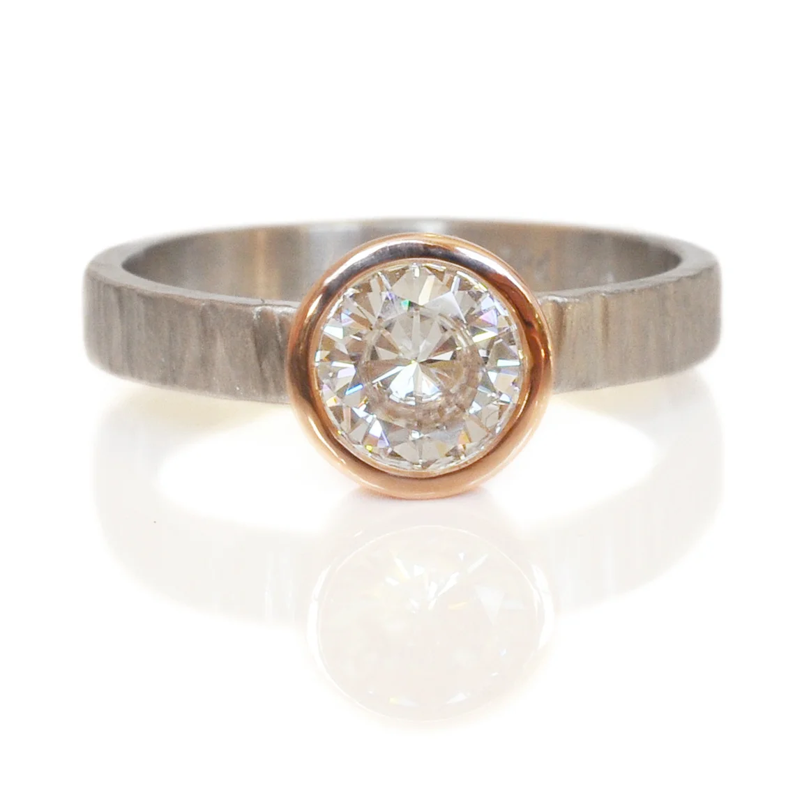 Rsm0004-moissanite-mixed-metal-alternative-engagement-ring-14k-redrosepink-gold-linear-hammered-950palladium-band.jpg