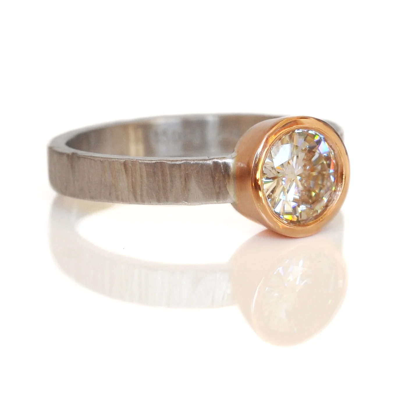 Rsm0004-moissanite-mixed-metal-alternative-engagement-ring-14k-redrosepink-gold-linear-hammered-950palladium-band-side.jpg