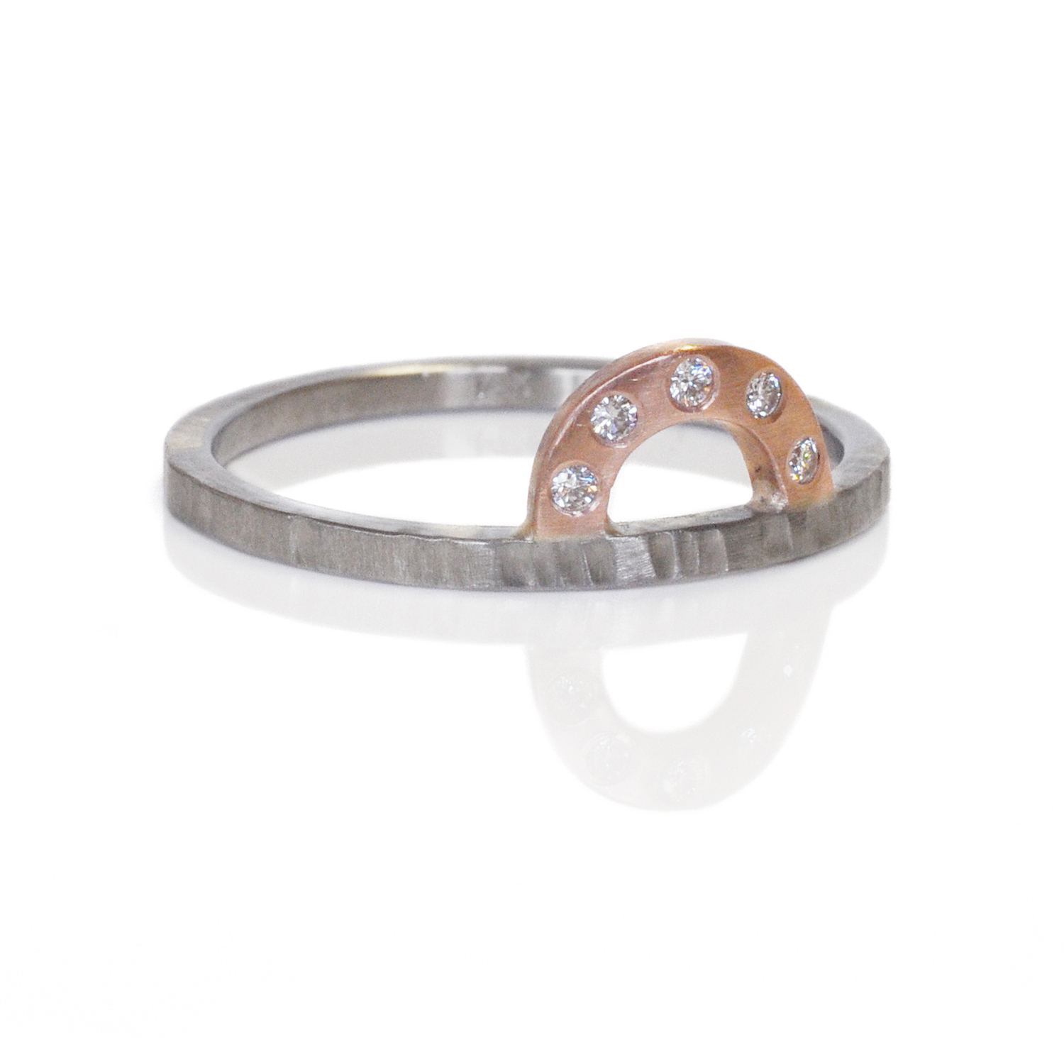 curved stackable wedding band handmade in minneapolis by custom jeweler flushset canadian mined diamonds conflict free recycled metal 14k red rose pink gold linear hammered 500 palladium