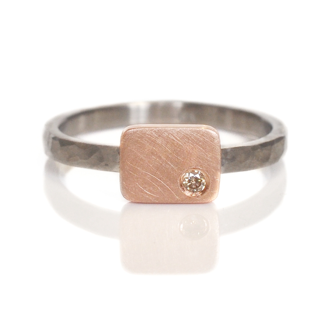 Mixed Metal Cell Ring, alternative soliatire, in hammered 500 palladium with a 14k red gold cell and champagne flushset diamond recycled metals conflict free stones Minneapolis handmade custom rings