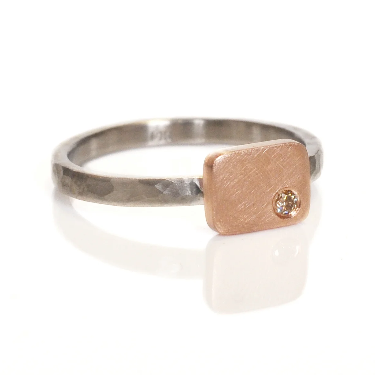 Mixed Metal Cell Ring, alternative soliatire, in hammered 500 palladium with a 14k red gold cell and champagne flushset diamond recycled metals conflict free stones Minneapolis handmade custom rings